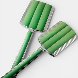 Vintage Art Deco Green Enamel Vanity Set Mirror Brush Chrome 1930s 40s.